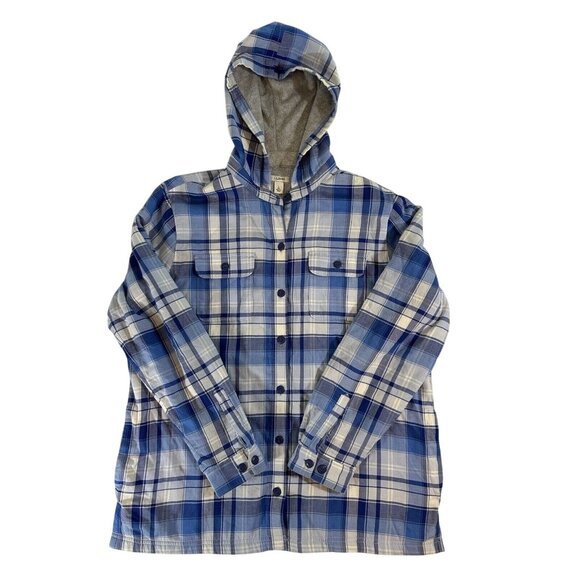 L.L. Bean Blue Plaid Hoodie Button-Up Flannel Shacket Women Size L Jacket Shirt - Picture 1 of 8